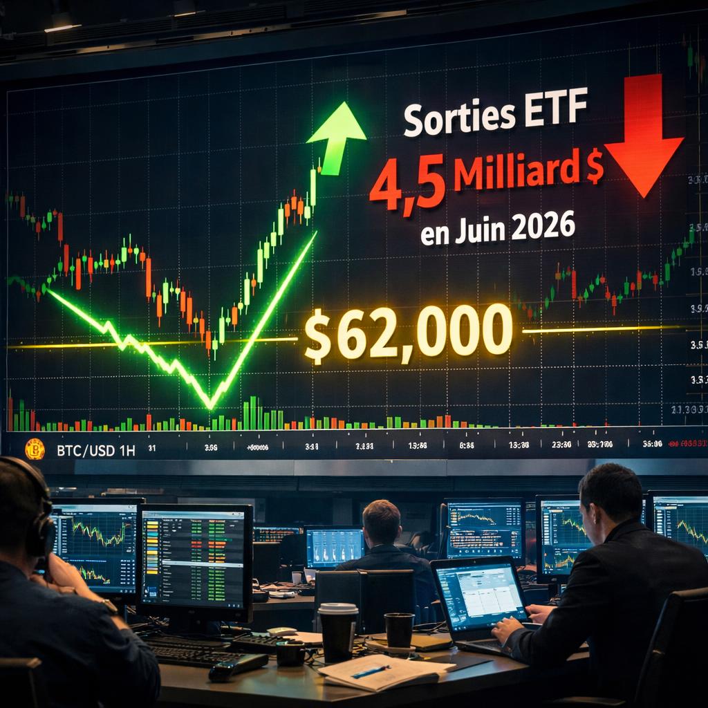 Bitcoin résiste à 62 000$ malgré un record de sorties sur les ETF en juin 2026