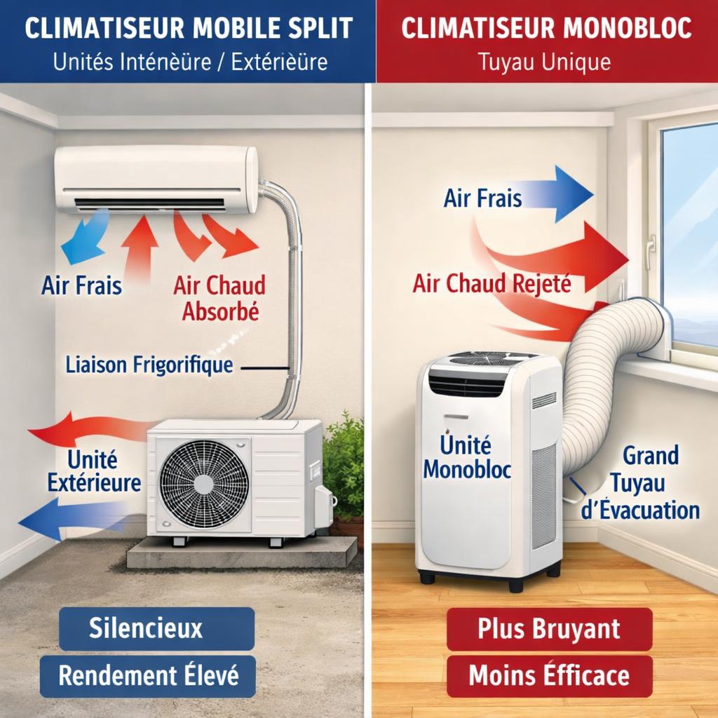 Climatiseur mobile à split vs monobloc : fonctionnement et différence en 2026