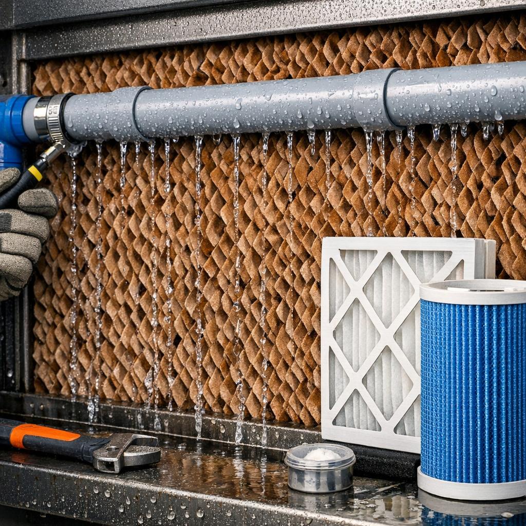 Entretien du rafraîchissement adiabatique : média évaporatif et filtres