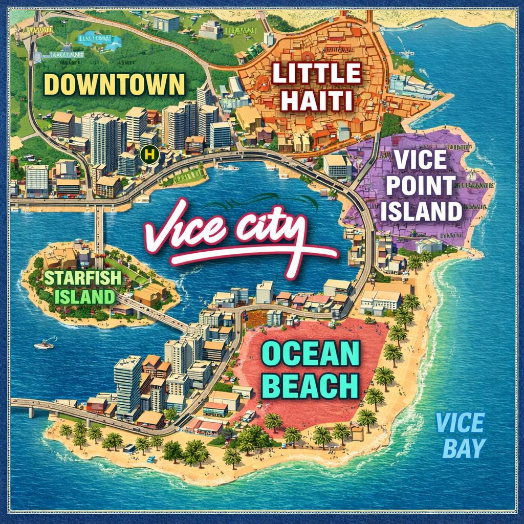 GTA 6 : quartiers de Vice City, Downtown, plages et périphérie